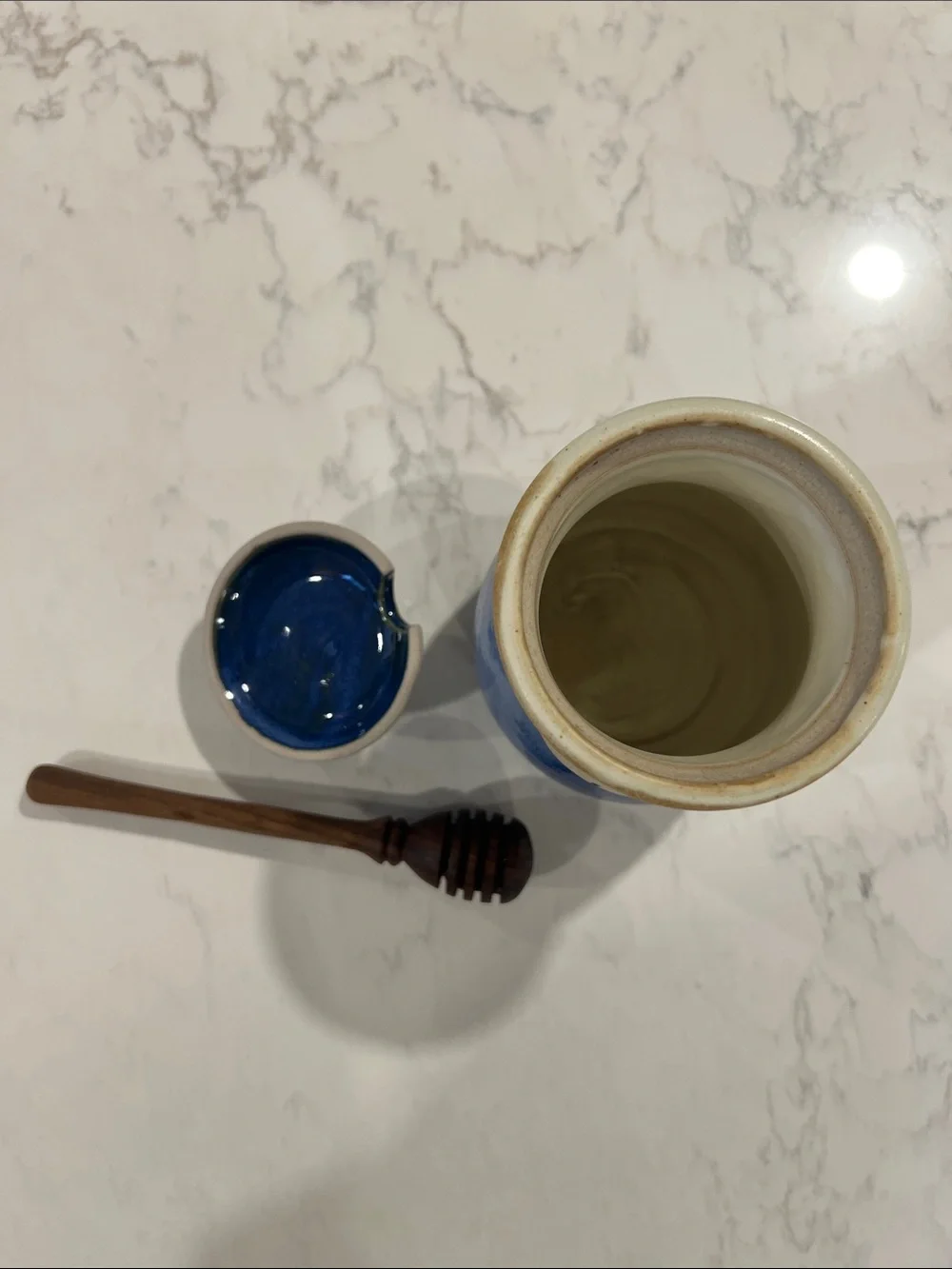 Handmade Blue Ceramic Honey Jar, Lid and Dipper, Homestead Pottery, Waco, Texas